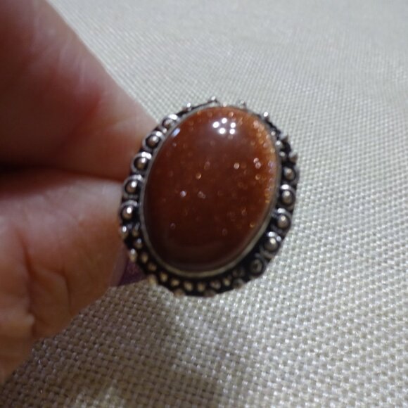 Sparkling GOLD SUNSTONE Handmade Sterling 925 Ring Size 7.5 #454C - Picture 2 of 3